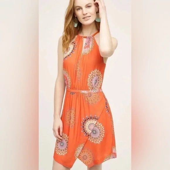 Anthropologie Floreat Livia Floral Halter Dress SZ 8 Orange - Picture 1 of 10